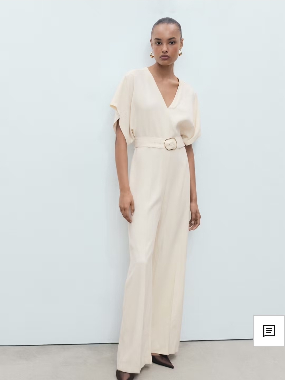 Mango Ivory V-Neck Belted Wide-Leg Jumpsuit